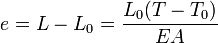 E L-L_ {
0}
= {
\frac {
{
L_ {
0}
(T-T_ {
0}
)
}
}
{
{
EA}
}
}