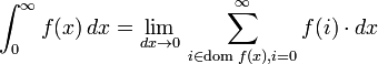 \int_{0}^{\infty}f(x)\, dx=\lim_{dx\rightarrow0}\, \sum_{i\in  \operatorname{dom}\, f(x),i=0  }^{\infty} f(i) \cdot dx 