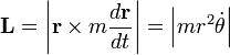 \mathbf{L} = \left|\mathbf{r} \times m\frac{d\mathbf{r}}{dt}\right| = \left|mr^2\dot\theta\right|