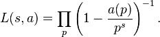 L (s,) \prod_p\left (1-\frac {
(p)}
{
p^'oj}
\right)^ {
- 1}
.