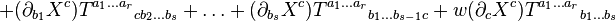 + (\partial_{b_1} X^c) T ^{a_1 \ldots a_r}{}_{c b_2 \ldots b_s} + \ldots + (\partial_{b_s} X^c) T ^{a_1 \ldots a_r}{}_{b_1 \ldots b_{s-1} c} + w (\partial_{c} X^c) T ^{a_1 \ldots a_r}{}_{b_1 \ldots b_{s}}
