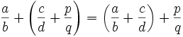 \frac{a}{b}+\left(\frac{c}{d}+\frac{p}{q}\right) = \left(\frac{a}{b}+\frac{c}{d}\right)+\frac{p}{q}