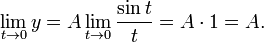 \lim_{t\to 0}y = A\lim_{t\to 0}{\sin t \over t}=A\cdot 1=A.