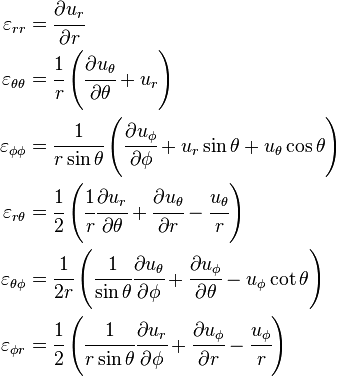  \begin{align} \varepsilon_{rr} & = \cfrac{\partial u_r}{\partial r} \\ \varepsilon_{\theta\theta} & = \cfrac{1}{r}\left(\cfrac{\partial u_\theta}{\partial \theta} + u_r\right) \\ \varepsilon_{\phi\phi} & = \cfrac{1}{r\sin\theta}\left(\cfrac{\partial u_\phi}{\partial \phi} + u_r\sin\theta + u_\theta\cos\theta\right)\\ \varepsilon_{r\theta} & = \cfrac{1}{2}\left(\cfrac{1}{r}\cfrac{\partial u_r}{\partial \theta} + \cfrac{\partial u_\theta}{\partial r}- \cfrac{u_\theta}{r}\right) \\ \varepsilon_{\theta \phi} & = \cfrac{1}{2r}\left(\cfrac{1}{\sin\theta}\cfrac{\partial u_\theta}{\partial \phi} + \cfrac{\partial u_\phi}{\partial \theta} - u_\phi\cot\theta\right) \\ \varepsilon_{\phi r} & = \cfrac{1}{2}\left(\cfrac{1}{r\sin\theta}\cfrac{\partial u_r}{\partial \phi} + \cfrac{\partial u_\phi}{\partial r} - \cfrac{u_\phi}{r}\right) \end{align} 