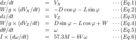 
\begin{array}{lcll}
dx/dt &= &V_{X} &\cdots(Eq.1)\\
W/g \times \left(dV_{X}/dt \right) &= &- D \cos \varphi - L \sin \varphi &\cdots(Eq.2)\\
dz/dt &= &V_{Z} &\ldots (Eq.3)\\
W/g \times \left(dV_{Z}/dt\right) &= &D \sin \varphi - L \cos \varphi + W &\cdots(Eq.4)\\
d\theta/dt &= &\omega &\cdots(Eq.5)\\
I \times \left(d\omega/dt\right) &= &57.3M - bV\omega &\cdots(Eq.6)
\end{array}
