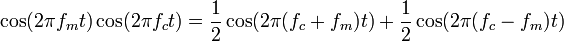 \cos(2 \pi f_mt) \cos(2 \pi f_c t) = \frac{1}{2} \cos(2 \pi (f_c + f_m) t) + \frac{1}{2} \cos(2 \pi (f_c - f_m) t) 