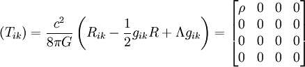 (T_{ik}) = \frac{c^2}{8\pi G}\left(R_{ik} - \frac{1}{2}g_{ik}R + \Lambda g_{ik}\right) = \begin{bmatrix} \rho & 0 & 0 & 0 \\ 0 & 0 & 0 & 0 \\ 0 & 0 & 0 & 0 \\ 0 & 0 & 0 & 0 \end{bmatrix} 