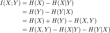 
\begin{align}
I(X;Y) & {} = H(X) - H(X|Y) \\
& {} = H(Y) - H(Y|X) \\
& {} = H(X) + H(Y) - H(X,Y) \\
& {} = H(X,Y) - H(X|Y) - H(Y|X)
\end{align}
