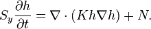 S_y\frac {
\partial h}
{
\partial t}
= \nabla \cdot (K da h \nabla h) + N.