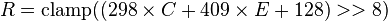 R = \mathrm{clamp}(( 298 \times C                + 409 \times E + 128) >> 8)