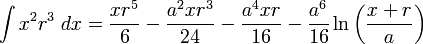 \int x^2 r^3\;dx= \frac{xr^5}{6}-\frac{a^2xr^3}{24}-\frac{a^4xr}{16}-\frac{a^6}{16}\ln\left(\frac{x+r}{a}\right)