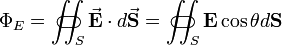 \Phi_{E} =  \iint_S\!\!\!\!\!\!\!\!\!\!\!\!\!\!\!\!\;\;\;\subset\!\supset \vec{\mathbf{E}} \cdot d\vec{\mathbf{S}} = \iint_S\!\!\!\!\!\!\!\!\!\!\!\!\!\!\!\!\;\;\;\subset\!\supset {\mathbf{E}} \cos\theta d{\mathbf{S}}