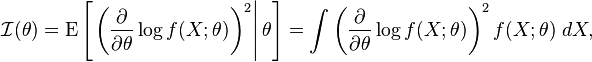 
\mathcal{I}(\theta)=\operatorname{E} \left = \int \left(\frac{\partial}{\partial\theta} \log f(X;\theta)\right)^2 f(X; \theta)\; dX,
