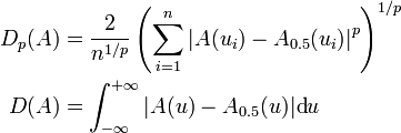 egin{align} D_p(A)&=frac{2}{n^{1/p}}left(sumlimits_{i=1}^nleft|A(u_i)-A_{0.5}(u_i) ight|^p ight)^{1/p} D(A)&=int_{-infty}^{+infty}|A(u)-A_{0.5}(u)|mbox{d}u end{align}