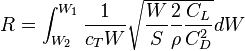R=\int_ {
W_2}
^ {
W_1}
\frac {
1}
{
c_T W}
\sqrt {
\frac {
W}
{
S}
\frac {
2}
{
\rho}
\frac {
C_L}
{
C_D^2}
}
dW
