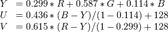 \begin{array}{rll}Y &= 0.299 * R + 0.587 * G + 0.114 * B \\U &= 0.436 * (B - Y) / (1 - 0.114) + 128 \\V &= 0.615 * (R - Y) / (1 - 0.299) + 128\end{array}