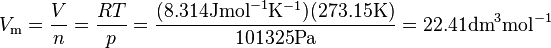V_{\rm m} = \frac{V}{n} = \frac{RT}{p} = \frac{(8.314 \mathrm{ J} \mathrm{ mol}^{-1} \mathrm{ K}^{-1})(273.15 \mathrm{ K})}{101 325 \mathrm{ Pa}} = 22.41 \mathrm{ dm}^3 \mathrm{ mol}^{-1}