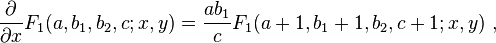 
\frac {\partial} {\partial x} F_1(a,b_1,b_2,c; x,y) = \frac {a b_1} {c} F_1(a+1,b_1+1,b_2,c+1; x,y) ~,
