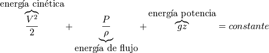 overbrace{frac{{V}^2}{2}}^{mbox{energía cinética}}+underbrace{frac{P}{rho}}_{mbox{energía de flujo}}+overbrace{g z}^{mbox{energía potencia}} = constante
