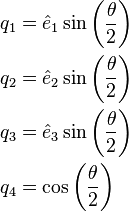 
\begin{align}
 q_1 &= \hat{e}_1\sin\left(\frac{\theta}{2}\right) \\
 q_2 &= \hat{e}_2\sin\left(\frac{\theta}{2}\right) \\
 q_3 &= \hat{e}_3\sin\left(\frac{\theta}{2}\right) \\
 q_4 &= \cos\left(\frac{\theta}{2}\right)
\end{align}
