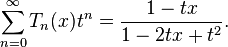 \sum_{n=0}^{\infty}T_n(x) t^n = \frac{1-tx}{1-2tx+t^2}. \,\!