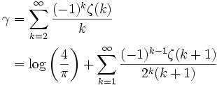 
\begin{align}
\gamma & = \sum_{k=2}^{\infty} \frac{(-1)^k\zeta(k)}{k} \\
 {} & =  \log \left ( \frac{4}{\pi} \right ) + \sum_{k=1}^{\infty} \frac{(-1)^{k-1} \zeta(k+1)}{2^k (k+1)}
\end{align} 
