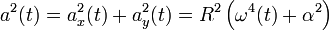 a^2(t) = a_x^2(t) + a_y^2(t) = 
R^2\left(\omega^4(t) + \alpha^2 \right) \!