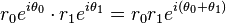 r_0 e^{i\theta_0} \cdot r_1 e^{i\theta_1}=r_0 r_1 e^{i(\theta_0 + \theta_1)} \,