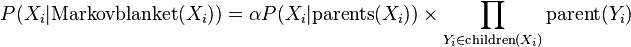 P(X_i|\text{Markovblanket}(X_i))=\alpha P(X_i|\text{parents}(X_i)) \times \prod_{Y_i \in \text{children}(X_i)} \text{parent}(Y_i) 