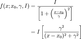 \begin{align}
f(x; x_0,\gamma,I) &= \frac{I}{\left[1 + \left(\frac{x-x_0}{\gamma}\right)^2\right]} \\[0.5em]
&= { I }\left[ { \gamma^2 \over (x - x_0)^2 + \gamma^2  } \right]
\end{align}