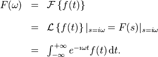 
\begin{array}{rcl}
F(\omega) & = & \mathcal{F}\left\{f(t)\right\} \\[1em]
& = & \mathcal{L}\left\{f(t)\right\}|_{s = i \omega}  =  F(s)|_{s = i \omega}\\[1em]
& = & \int_{-\infty}^{+\infty} e^{-\imath \omega t} f(t)\,\mathrm{d}t.\\
\end{array}
