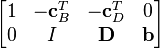  \begin{bmatrix} 1 & -\mathbf{c}^T_B & -\mathbf{c}^T_D & 0 \\ 0 & I & \mathbf{D} & \mathbf{b} \end{bmatrix}
