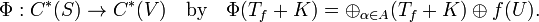 
\Phi : C^*(S) \rightarrow C^*(V) \quad \text{by} \quad \Phi(T_f + K) = \oplus_{\alpha \in A} (T_f + K) \oplus f(U).
