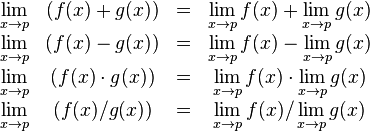 \begin{matrix}
\lim\limits_{x \to p} & (f(x) + g(x)) & = & \lim\limits_{x \to p} f(x) + \lim\limits_{x \to p} g(x) \\
\lim\limits_{x \to p} & (f(x) - g(x)) & = & \lim\limits_{x \to p} f(x) - \lim\limits_{x \to p} g(x) \\
\lim\limits_{x \to p} & (f(x) \cdot g(x)) & = & \lim\limits_{x \to p} f(x) \cdot \lim\limits_{x \to p} g(x) \\
\lim\limits_{x \to p} & (f(x) / g(x)) & = & {\lim\limits_{x \to p} f(x) / \lim\limits_{x \to p} g(x)}
\end{matrix}