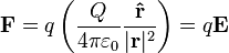 
\mathbf{F}=q\left(\frac{Q}{4\pi\varepsilon_0}\frac{\mathbf{\hat{r}}}{|\mathbf{r}|^2}\right)=q\mathbf{E}
