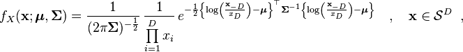 f_X (\matbf {
x}
;
\boldsimbol {
\mu}
, \boldsimbol {
\Sigma}
)
= \frac {
1}
{
(2 \pi \boldsimbol {
\Sigma}
)
^ {
\frac {
1}
{
2}
}
}
'\' 