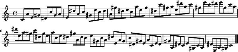 
{

\modalTranspose c c' { c dis e gis a } { c8 a e gis } 
\modalTranspose c dis' { c dis e gis a } { c a e gis } 
\modalTranspose c e' { c dis e gis a } { c a e gis } 
\modalTranspose c gis' { c dis e gis a } { c a e gis } 
\modalTranspose c a' { c dis e gis a } { c a e gis } 
\modalTranspose c c'' { c dis e gis a } { c a e gis } 
\modalTranspose c dis'' { c dis e gis a } { c a e gis } 
\modalTranspose c e'' { c dis e gis a } { c a e gis } 
\modalTranspose c gis'' { c dis e gis a } { c a e gis } 

\modalInversion c e''' { c dis e gis a } { c a e gis } 
\modalInversion c dis''' { c dis e gis a } { c a e gis } 
\modalInversion c c''' { c dis e gis a } { c a e gis } 
\modalInversion c a'' { c dis e gis a } { c a e gis } 
\modalInversion c gis'' { c dis e gis a } { c a e gis } 
\modalInversion c e'' { c dis e gis a } { c a e gis } 
\modalInversion c dis'' { c dis e gis a } { c a e gis } 
\modalInversion c c'' { c dis e gis a } { c a e gis } 
\modalInversion c a' { c dis e gis a } { c a e gis } 
\modalInversion c gis' { c dis e gis a } { c a e gis } 
\modalInversion c e' { c dis e gis a } { c a e gis } 
\modalInversion c dis' { c dis e gis a } { c a e gis } 

c'2

\bar "|."
}
