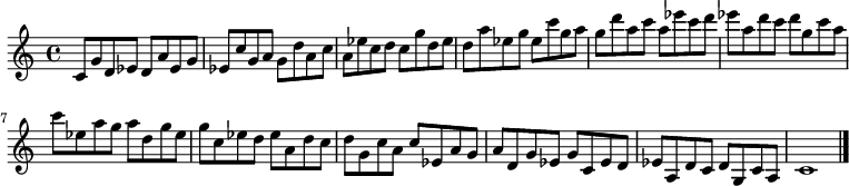 
{

\modalTranspose c c' { c d ees g a } { c8 g d ees } 
\modalTranspose c d' { c d ees g a } { c g d ees } 
\modalTranspose c ees' { c d ees g a } { c g d ees } 
\modalTranspose c g' { c d ees g a } { c g d ees } 
\modalTranspose c a' { c d ees g a } { c g d ees } 
\modalTranspose c c'' { c d ees g a } { c g d ees } 
\modalTranspose c d'' { c d ees g a } { c g d ees } 
\modalTranspose c ees'' { c d ees g a } { c g d ees } 
\modalTranspose c g'' { c d ees g a } { c g d ees } 
\modalTranspose c a'' { c d ees g a } { c g d ees } 

\modalInversion c ees''' { c d ees g a } { c g d ees } 
\modalInversion c d''' { c d ees g a } { c g d ees } 
\modalInversion c c''' { c d ees g a } { c g d ees } 
\modalInversion c a'' { c d ees g a } { c g d ees } 
\modalInversion c g'' { c d ees g a } { c g d ees } 
\modalInversion c ees'' { c d ees g a } { c g d ees } 
\modalInversion c d'' { c d ees g a } { c g d ees } 
\modalInversion c c'' { c d ees g a } { c g d ees } 
\modalInversion c a' { c d ees g a } { c g d ees } 
\modalInversion c g' { c d ees g a } { c g d ees } 
\modalInversion c ees' { c d ees g a } { c g d ees } 
\modalInversion c d' { c d ees g a } { c g d ees } 

c'1

\bar "|."
}
