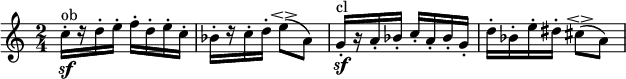 
\relative c'' {
\time 2/4
  \override TupletBracket #'stencil = ##f
  \override Score.BarNumber #'stencil = ##f
  \key c\major
c16[-.\sf^"ob" r d-. e]-. f-. d-. e-. c-. | bes[-. r c-. d]-. e8(\espressivo a,) | g16[-.\sf^"cl" r a-. bes]-. c-. a-. bes-. g-. | d'-. bes-. e-. dis-. cis8(\espressivo a)
}
