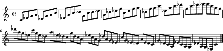 
{

\modalTranspose c c' { c des ees g a } { c8 ees g a } 
\modalTranspose c des' { c des ees g a } { c ees g a } 
\modalTranspose c ees' { c des ees g a } { c ees g a } 
\modalTranspose c g' { c des ees g a } { c ees g a } 
\modalTranspose c a' { c des ees g a } { c ees g a } 
\modalTranspose c c'' { c des ees g a } { c ees g a } 
\modalTranspose c des'' { c des ees g a } { c ees g a } 
\modalTranspose c ees'' { c des ees g a } { c ees g a } 
\modalTranspose c g'' { c des ees g a } { c ees g a } 

\modalInversion c ees''' { c des ees g a } { c ees g a } 
\modalInversion c des''' { c des ees g a } { c ees g a } 
\modalInversion c c''' { c des ees g a } { c ees g a } 
\modalInversion c a'' { c des ees g a } { c ees g a } 
\modalInversion c g'' { c des ees g a } { c ees g a } 
\modalInversion c ees'' { c des ees g a } { c ees g a } 
\modalInversion c des'' { c des ees g a } { c ees g a } 
\modalInversion c c'' { c des ees g a } { c ees g a } 
\modalInversion c a' { c des ees g a } { c ees g a } 
\modalInversion c g' { c des ees g a } { c ees g a } 
\modalInversion c ees' { c des ees g a } { c ees g a } 
\modalInversion c des' { c des ees g a } { c ees g a } 

c'2

\bar "|."
}
