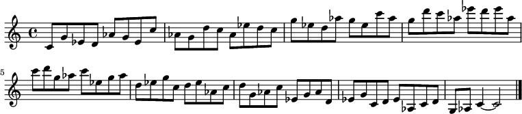 
{

\modalTranspose c c' { c d ees g aes } { c8 g ees } 
\modalTranspose c d' { c d ees g aes } { c g ees } 
\modalTranspose c ees' { c d ees g aes } { c g ees } 
\modalTranspose c g' { c d ees g aes } { c g ees } 
\modalTranspose c aes' { c d ees g aes } { c g ees } 
\modalTranspose c c'' { c d ees g aes } { c g ees } 
\modalTranspose c d'' { c d ees g aes } { c g ees } 
\modalTranspose c ees'' { c d ees g aes } { c g ees } 
\modalTranspose c g'' { c d ees g aes } { c g ees } 
\modalTranspose c aes'' { c d ees g aes } { c g ees } 

\modalInversion c ees''' { c d ees g aes } { c g ees } 
\modalInversion c d''' { c d ees g aes } { c g ees } 
\modalInversion c c''' { c d ees g aes } { c g ees } 
\modalInversion c aes'' { c d ees g aes } { c g ees } 
\modalInversion c g'' { c d ees g aes } { c g ees } 
\modalInversion c ees'' { c d ees g aes } { c g ees } 
\modalInversion c d'' { c d ees g aes } { c g ees } 
\modalInversion c c'' { c d ees g aes } { c g ees } 
\modalInversion c aes' { c d ees g aes } { c g ees } 
\modalInversion c g' { c d ees g aes } { c g ees } 
\modalInversion c ees' { c d ees g aes } { c g ees } 
\modalInversion c d' { c d ees g aes } { c g ees } 

c'4~ c'2

\bar "|."
}
