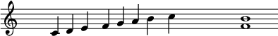 \relative c' {\tempo 1 = 60\numericTimeSignature \key c \major
\set Score.tempoHideNote = ##t 
 \override Staff.TimeSignature #'transparent = ##t
 \override Staff.BarLine #'stencil = ##f
{ s4 c d e f g a b c s1 <f, b>}}