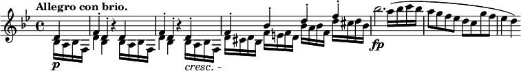 
 \relative c' \new Staff { \key bes \major \time 4/4 \tempo "Allegro con brio." \partial 4
 \override Score.NonMusicalPaperColumn #'line-break-permission = ##f
  <<
   {
    d4\p f-. d-. b'\rest d, f-. d-. b'\rest d,-.\cresc
    f-.\! bes-. d-. f-.  \stemDown bes2.\fp a16( bes c bes a8 g f es d c g' f es4 d)
   }
  \\
   {
    bes,16 a bes f d'4 bes s bes16 a bes f d'4 bes s bes16 a bes f
    d' cis d bes f' e f d bes' a bes f d' cis d bes
   }
  >>
 }
