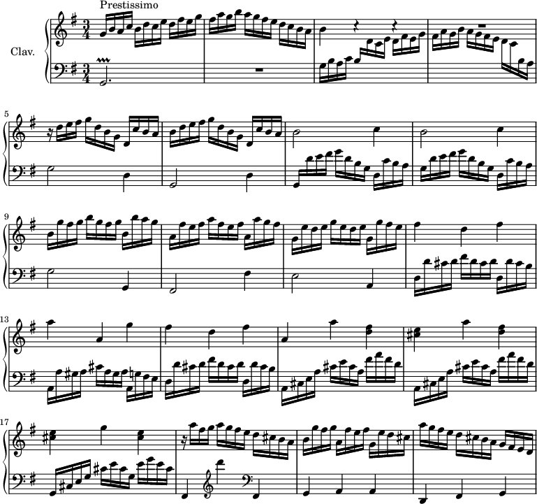 
\version "2.18.2"
\header {
  tagline = ##f
  % composer = "Domenico Scarlatti"
  % opus = "K. 348"
  % meter = "Prestissimo"
}

%% les petites notes
trillGb     = { \tag #'print { g,2.\prallprall } \tag #'midi { \repeat unfold 4 { a32 g a g~ } g4 } }

upper = \relative c'' {
  \clef treble 
  \key g \major
  \time 3/4
  \tempo 4 = 92

      s8*0^\markup{Prestissimo}
      g16 b a c  b d c e d fis e g | fis a g b a g fis e d c b a | b4 c4\rest c4\rest | 
      % ms. 4
      R2. | r16 d16 e fis g d b g d c' b a | b d e fis g d b g d c' b a |
      % ms. 7
      \repeat unfold 2 { b2 c4 } | b16 g' fis g b g fis g b, b' a g |
      % ms. 10
      a, fis' e fis a fis e fis a, a' g fis | g, e' d e g e d e g, g' fis e | fis4 d fis |
      % ms. 13
      a4 a, g' | fis d fis | a, a' < d, fis >
      % ms. 16
      < cis e >4 a' < d, fis > | < cis e > g' < cis, e > | r16 a'16 fis g a g fis e d cis b a |
      % ms. 19
      b16 g' fis g a, fis' e fis g, e' d cis | a' g fis e d cis b a g fis e d | % a'4 a' < d, fis > |
      % ms. 22
      % < cis e >4 a' < d, fis > | < cis e > g' < cis, e > |
      % ms. 26
      

}

lower = \relative c' {
  \clef bass
  \key g \major
  \time 3/4

    % ************************************** \appoggiatura a16  \repeat unfold 2 {  } \times 2/3 { }   \omit TupletNumber 
      \trillGb | R2. | g'16 b a  c \stemUp b  \stemDown \change Staff = "upper"  d c e d fis e g |
      % ms. 4
      fis a g b a g fis e d c \change Staff = "lower" b a \stemNeutral | g2 d4 | g,2 d'4 \stemUp |
      % ms. 7
      g,16 \stemNeutral  d'' e fis g d b g d c' b a | g d' e fis g d b g d c' b a | g2 g,4 |
      % ms. 10
      fis2 fis'4 | e2 a,4 | d16 d' cis d fis d cis d d, d' cis b | 
      % ms. 13
      a,16 a' gis a cis a gis a a, g' fis e | d d' cis d  fis d cis d  d, d' cis b | \repeat unfold 2 { a, cis e a  cis e cis a  fis' a fis d } |
      % ms. 17
      g,,16 cis e g cis e cis g e' g e cis | fis,,4   \clef treble  d''''   \clef bass fis,,,, |
      % ms. 19
      g a a | d, fis g | % \repeat unfold 2 { a16 cis e a  cis e cis a  fis' a fis d } |
      % ms. 23
      % g,,16 cis e g cis e cis g e' g e cis | fis,,4  \clef treble  d''''  \clef bass fis,,,, | g a a |
      % ms. 26
      % \repeat unfold 3 { d,4 fis a } | d,2. %repet

}

thePianoStaff = \new PianoStaff <<
    \set PianoStaff.instrumentName = #"Clav."
    \new Staff = "upper" \upper
    \new Staff = "lower" \lower
  >>

\score {
  \keepWithTag #'print \thePianoStaff
  \layout {
      #(layout-set-staff-size 17)
    \context {
      \Score
     \override TupletBracket.bracket-visibility = ##f
     \override SpacingSpanner.common-shortest-duration = #(ly:make-moment 1/2)
      \remove "Metronome_mark_engraver"
    }
  }
}

\score {
  \keepWithTag #'midi \thePianoStaff
  \midi { \set Staff.midiInstrument = #"harpsichord" }
}
