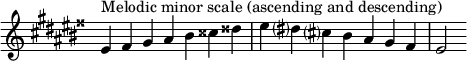  {
\omit Score.TimeSignature \relative c' {
  \key eis \minor \time 7/4 eis^"Melodic minor scale (ascending and descending)" fisis gis ais bis cisis disis eis dis? cis? bis ais gis fisis eis2
} }
