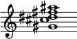 {
  % Rivin lopun pystyviiva ja tahtiosoitus piiloon.
  \override Score.BarLine.break-visibility = ##(#f #t #t)
  \override Staff.TimeSignature #'stencil = ##f
  
  <gis' cis'' dis'' fis'' ais''>1
}
