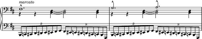 
 \relative c' {
  \new PianoStaff <<
   \new Staff \with { \remove "Time_signature_engraver" } { \key b \minor \time 6/4 \clef bass
    <<
     { fis,1.-^^\markup \italic marcato g2.-^ a-^ }
    \\
     { r4 r <d,~ b~>4( <d b>2 <d b>4 r r <d~ b~> <d b>2 <d b>4 }
    >>
   }
   \new Staff \with { \remove "Time_signature_engraver" } { \key b \minor \time 6/4 \clef bass
    \times 6/9 { b,8[ c cis d dis e eis fis g] } \times 6/9 { fis[ eis! e dis! d cis! c b fis] }
    \times 6/9 { b8[ c cis d dis e eis fis g] } \times 6/9 { fis[ eis! e dis! d cis! c b fis] }
   }
  >>
 }
