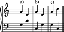 

\new PianoStaff <<
<<
   \new Staff <<
    \set Score.tempoHideNote = ##t
    \tempo 4 = 45
    \override Staff.TimeSignature.transparent = ##t
     <<
     \new Voice = "first"
       \relative c''
          { g^"a)" d \bar "||" g^"b)" d \bar "||" g^"c)" c \bar "||" }

     >>

     >>

    \new Staff <<
           \override Staff.TimeSignature.transparent = ##t
              \clef "bass"
              \relative c { g' d' \bar "||" c, g' \bar "||" g c, \bar "||"}
  >>

 >>

>>

