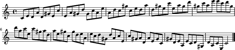 
{

\modalTranspose c c' { c d e gis a } { c8 e d a } 
\modalTranspose c d' { c d e gis a } { c e d a } 
\modalTranspose c e' { c d e gis a } { c e d a } 
\modalTranspose c gis' { c d e gis a } { c e d a } 
\modalTranspose c a' { c d e gis a } { c e d a } 
\modalTranspose c c'' { c d e gis a } { c e d a } 
\modalTranspose c d'' { c d e gis a } { c e d a } 
\modalTranspose c e'' { c d e gis a } { c e d a } 
\modalTranspose c gis'' { c d e gis a } { c e d a } 

\modalInversion c e''' { c d e gis a } { c e d a } 
\modalInversion c d''' { c d e gis a } { c e d a } 
\modalInversion c c''' { c d e gis a } { c e d a } 
\modalInversion c a'' { c d e gis a } { c e d a } 
\modalInversion c gis'' { c d e gis a } { c e d a } 
\modalInversion c e'' { c d e gis a } { c e d a } 
\modalInversion c d'' { c d e gis a } { c e d a } 
\modalInversion c c'' { c d e gis a } { c e d a } 
\modalInversion c a' { c d e gis a } { c e d a } 
\modalInversion c gis' { c d e gis a } { c e d a } 
\modalInversion c e' { c d e gis a } { c e d a } 
\modalInversion c d' { c d e gis a } { c e d a } 

c'2

\bar "|."
}
