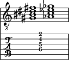  
<<
  %\override Score.BarLine.break-visibility = ##(#f #t #t)
  \time 2/1
    \new Staff  {
    \clef "treble_8"
        \once \override Staff.TimeSignature #'stencil = ##f
        <  gis bis dis' fis'>1 | <  aes c' ees' ges'>1 |
    }

     \new TabStaff {
       \override Stem #'transparent = ##t
       \override Beam #'transparent = ##t 
      s2 <  gis\4 c'\3 dis'\2 fis'\1>1 s2
  }
>>
